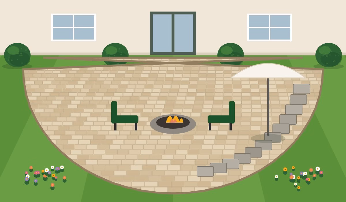 Illustration of a paver patio with a fire pit and seating