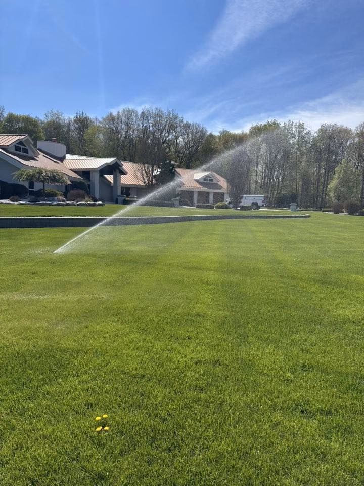 Well-kept lawn with sprinklers on a sunny day
